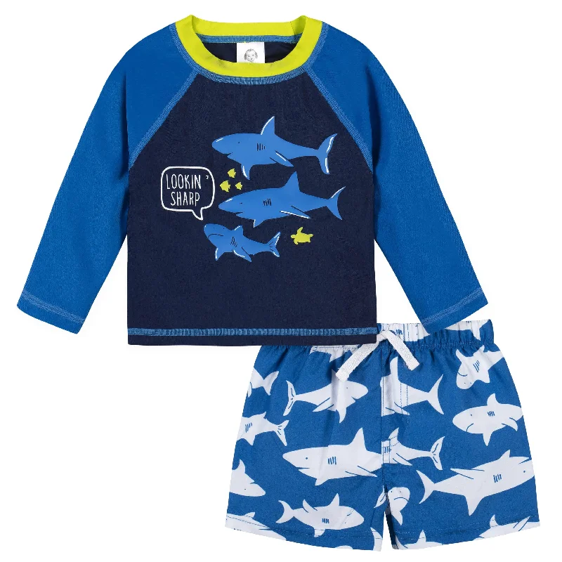 2-Piece Baby & Toddler Boys UPF 50+ Shark Zone Rash Guard & Swim Trunks Set