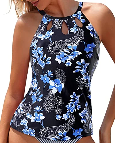 Backless Swim Tank Top High Neck Tankini Top-Blue Paisley