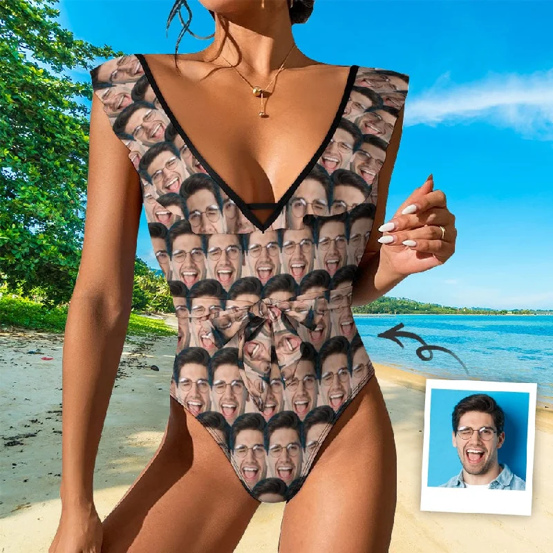 Custom Face All V Neck Ruffle One Piece Swimsuit Sexy Belt Bathing Suit Tie Back