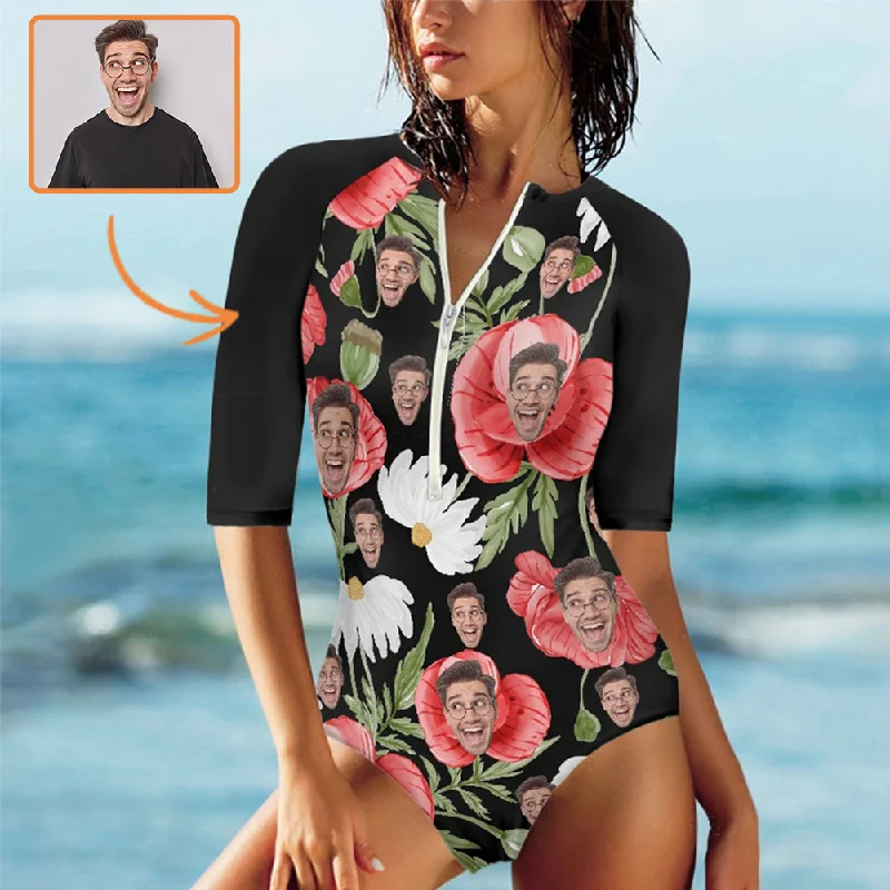 Custom Face Half Sleeve One Piece Swimsuit Personalized Red Flower Face Black Half Sleeve Bikini