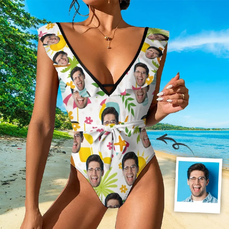 Custom Face Happy Trip V Neck Ruffle One Piece Swimsuit Sexy Belt Bathing Suit Tie Back