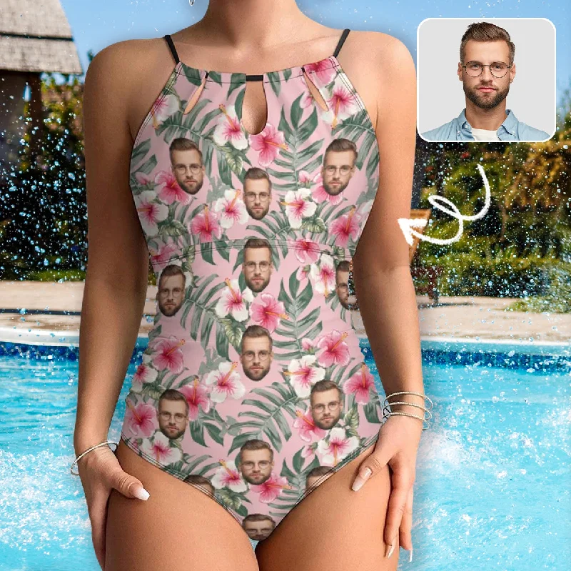 Custom Face Swimsuit Personalized Pink Flower One Piece Swimsuit Slip Backless Bathingsuit