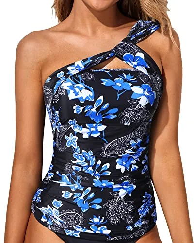 Feminine Ruched One Shoulder Swim Top Tummy Control Swim Tops-Blue Paisley