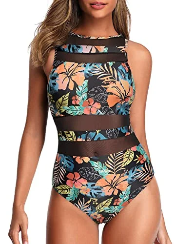 Women's Swimwear With Mesh Accents Open Back Swimwear-Black Red Flower