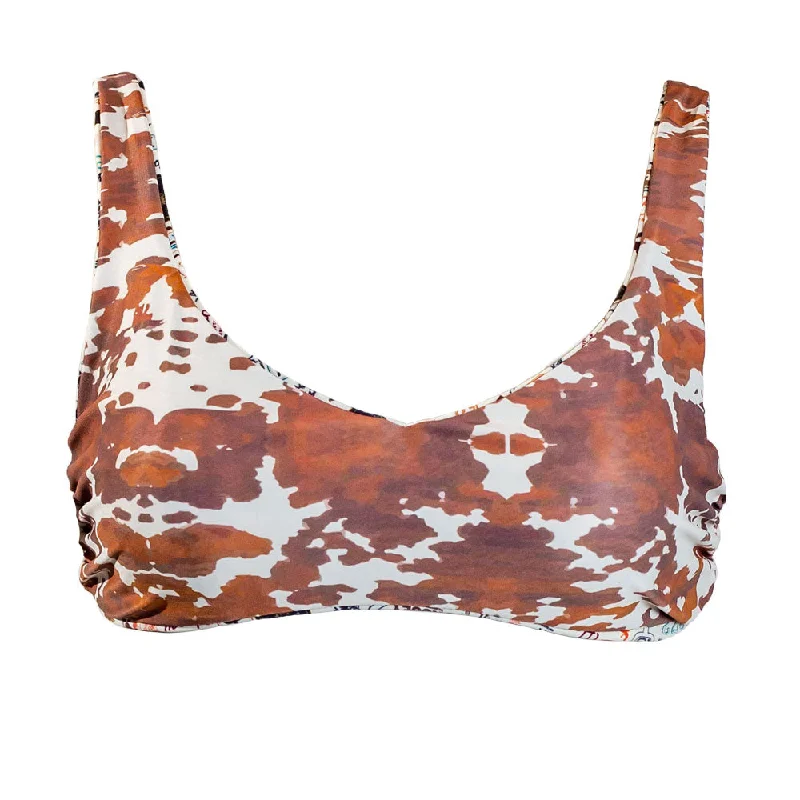 "The Rampy" Reversible Swimsuit Top Brown/Cream Cow Print