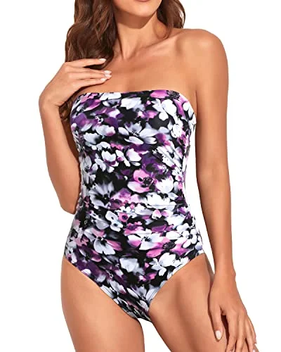 Women's Full Coverage Swimsuit Strapless Bandeau Bathing Suit-Purple Flowers