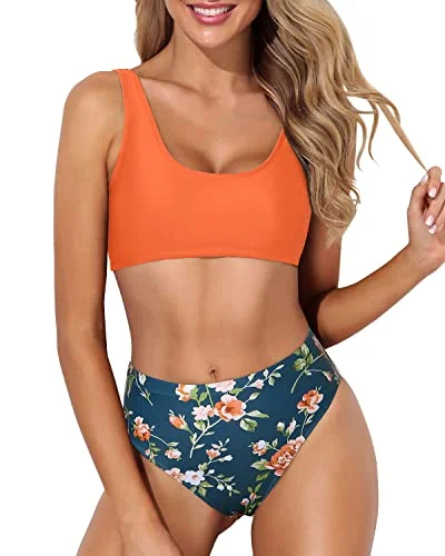 High Waisted Bikini Bottom For Long Torso Two Piece Scoop Neck Bikini-Orange Flowers