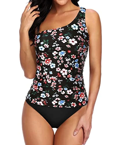 Fashionable One Shoulder Tankini Bikini Bottoms For Women-Black Flowers