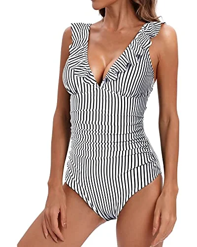 V Neck Tummy Control Swimwear Women's Ruffled One Piece Bathing Suit