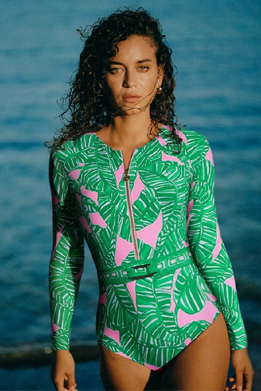 Vintage Green Leaf Print Zipper Long Sleeve One-Piece Swimsuit UPF50+ Rash Guard