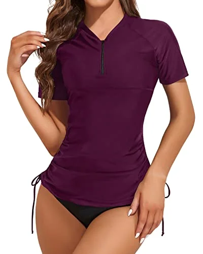 Women's 2 Piece Short Sleeve Rash Guard Swimsuit With Bottom-Maroon