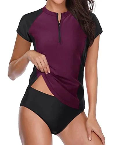 Women's Cap Sleeve Rash Guard Short Sleeve Zipper Swimsuit