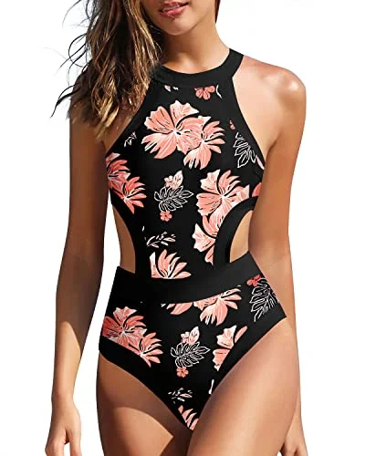 Women's High Neck One Piece Cutout Swimsuits Tummy Control Swimwear-Black Floral