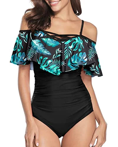 Vintage Ruffle Swimwear Adjustable Spaghetti Shoulder Straps For Women-Black And Green Leaves