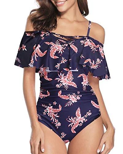 Vintage Ruffle Swimwear For Women Off Shoulder One Piece Swimsuits-Blue Floral