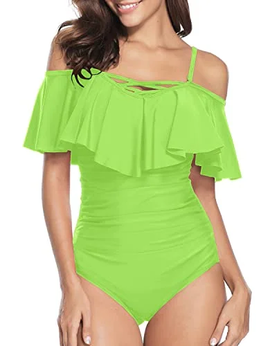 Vintage Women Off Shoulder One Piece Swimsuits Tummy Control Bathing Suits-Neon Green