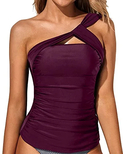 Cute And Sexy Ruched Swim Top Tummy Control Tankini Top-Maroon