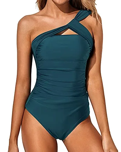 Women One Shoulder Asymmetric Ruched One Piece Swimsuits-Teal