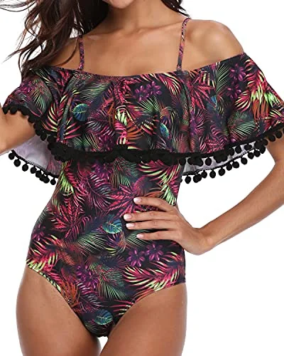 Flounce Printed Off-Shoulder One Piece Bathing Suit For Ladies-Purple Leaf