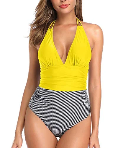 Women Sexy Plunge V Neck Tummy Control One Piece Swimsuit-Fluorescent Yellow Stripe