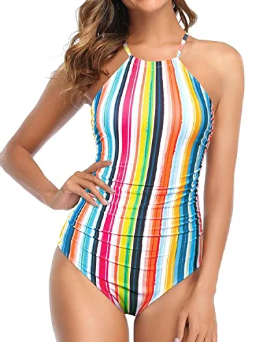 Women's High Neck One Piece Swimsuit Tummy Control Bathing Suit-Colorful Stripes