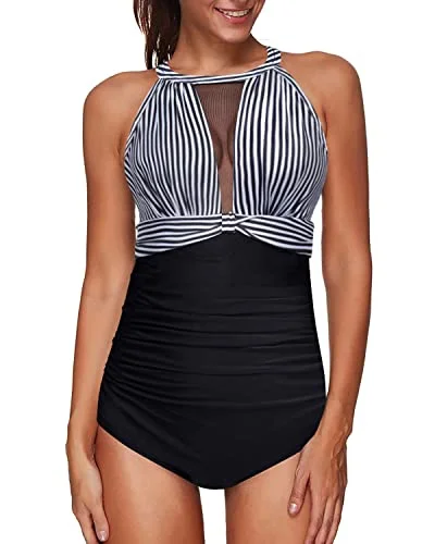 Women's Mesh High Neck Halter One Piece Swimsuit Swimwear-Black And White Stripe