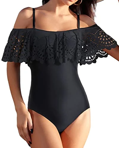 Women Off Shoulder Swimsuits Tummy Control Flounce 1 Piece Bathing Suits-Black