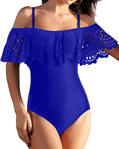 Women Off Shoulder Swimsuits Tummy Control Slimming One Piece Swimwear-Royal Blue