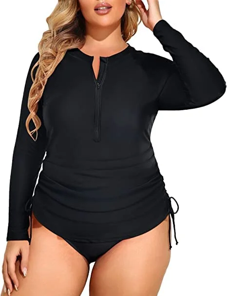 Zipper Upf 50+ Protection Swim Shirt Plus Size Two Piece Rash Guard Set-Black