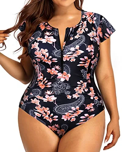 Zipper Front Plus Size One Piece Swimsuit For Women Tummy Control-Black Pink Flowers