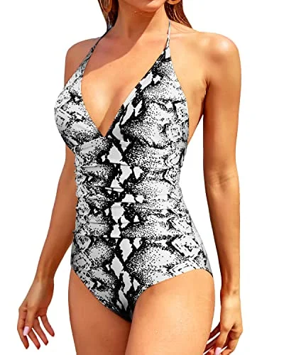 V Neck Halter One Piece Swimsuit For Women Tummy Control Swimsuits-Black And White Snake Print