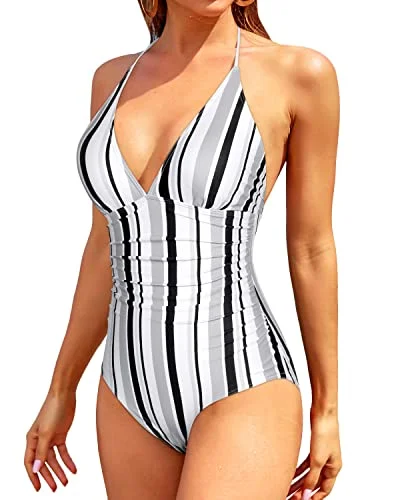 Women's Tummy Control One Piece Swimsuits For Pregnant Women-Black White Gray S