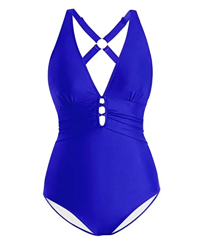 Women's Keyhole Ruched Criss Cross One Piece Swimsuit-Royal Blue