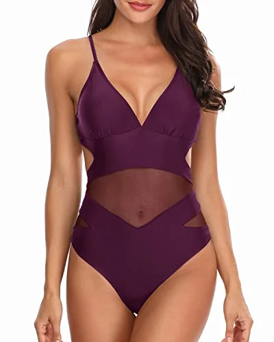 V Neck Sexy Mesh High Waisted One Piece Swimsuits Plunge V Neck Monokini-Maroon