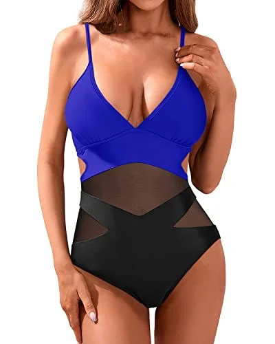 V Neck Sexy Mesh High Waisted Monokini Cutout Swimwear For Women-Royal Blue And Black