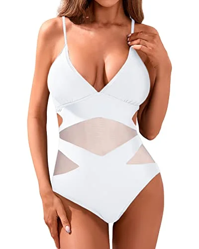 Women Sexy Mesh High Waisted Monokini Plunge V Neck Cutout Swimwear-White