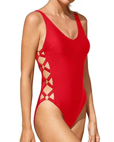 Women's Sexy Removable Soft Cup Push Up Monokini One Piece Swimsuit-Red