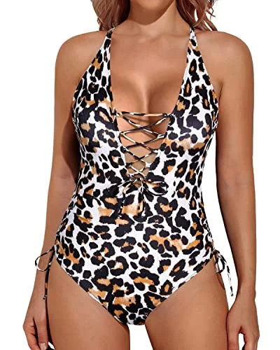 Women Sexy Tummy Control Plunge V Neck Lace Up One Piece Swimsuit-Leopard