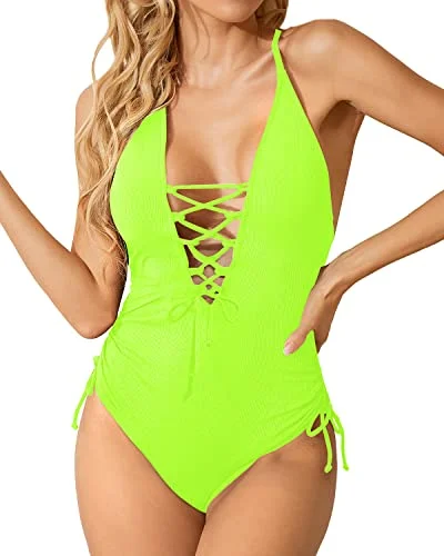 Women Plunge V Neck Lace Up Sexy Tummy Control One Piece Swimsuit-Yellow Green