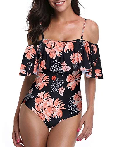 Chic Off Shoulder One Piece Beachwear For Ladies-Black Orange Floral