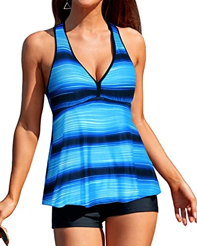 Racerback Swimwear Boyshort And Padded Bras For Two Piece Swimsuit-Blue And Black Stripe