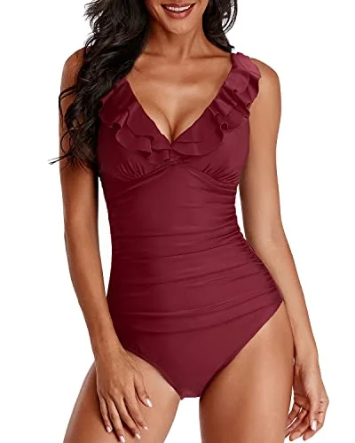 V Neck Ruffle Flounce One Piece Swimsuits Tummy Control-Maroon