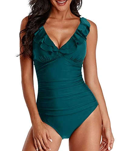 V Neck Ruffled One Piece Swimsuit For Women-Teal