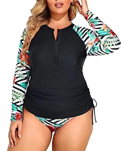 Women's Two Piece UPF 50+ Swimsuit Plus Size Long Sleeve Zipper Rash Guard