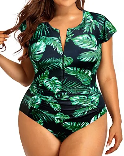 Zipper Front One Piece Swimsuit Plus Size Cap Sleeves Rash Guard for Women