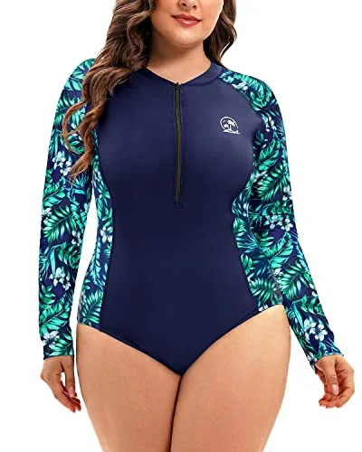 Zipper Upf 50+ Long Sleeved Rash Guard Swimsuit For Women Plus Size-Blue Leaf